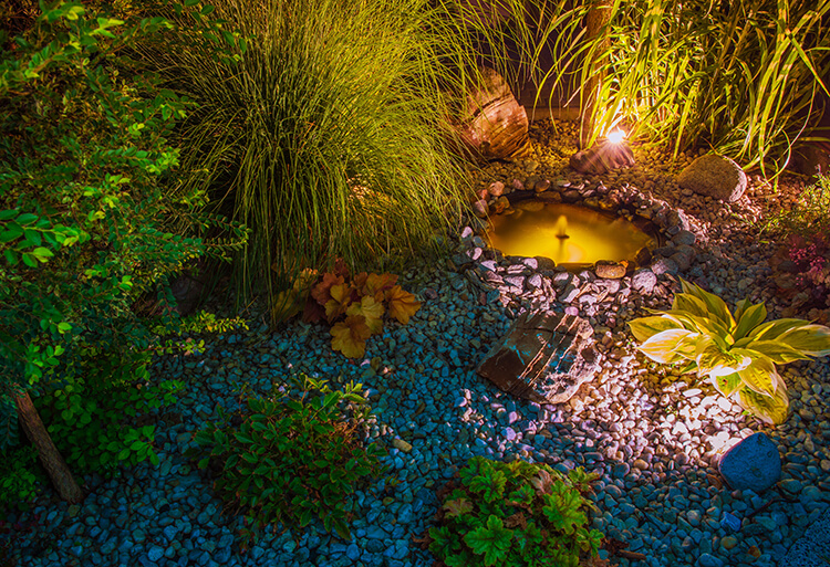 water feature landscape lighting ambient backyard lighting ornamental grasses