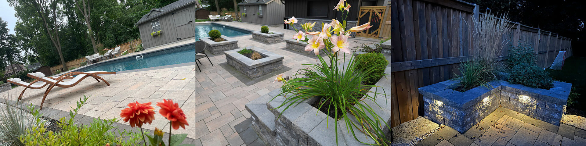 outdoor lighting hardscaping pool surround patio Kawartha armour stone to anchor the area Permacon Kensington paver , Permacon Celtic wall